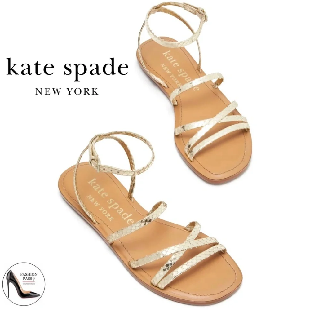 Kate Spade Womens Cove Metallic Gold Snake Leather Flat Ankle strap Sandals 6.5 - Picture 2 of 14